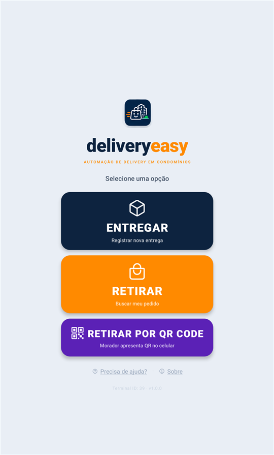 Tela inicial com as opções Entregar, Retirar e Retirar por QR Code